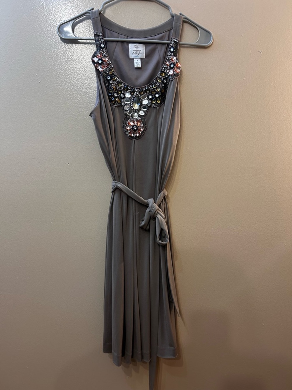 Suzi Chin for Maggy Boutique Taupe Midi Dress with Jeweled Neckline